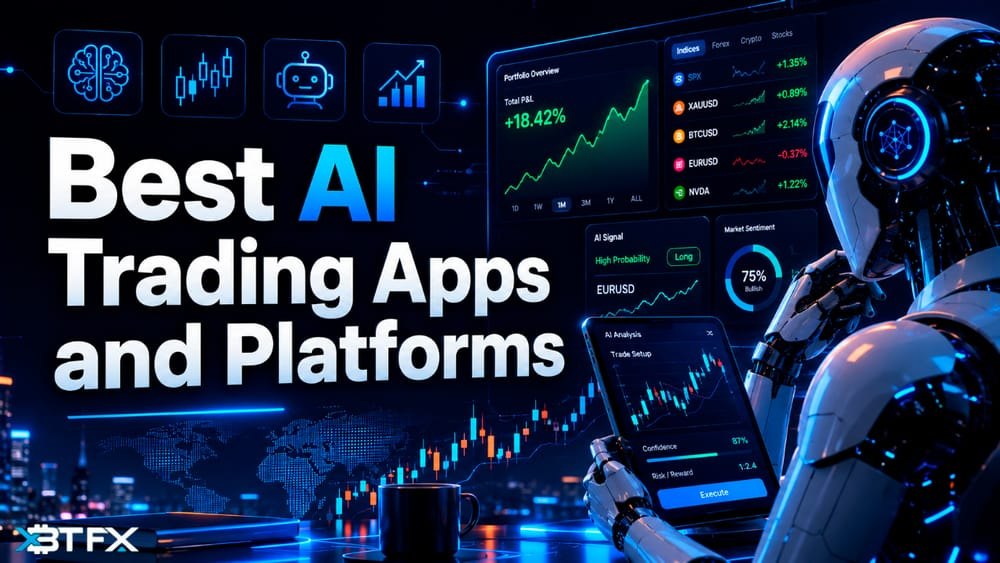 AI crypto trading platform brand identity positioning — dashboard showing AI trade signals and portfolio analytics